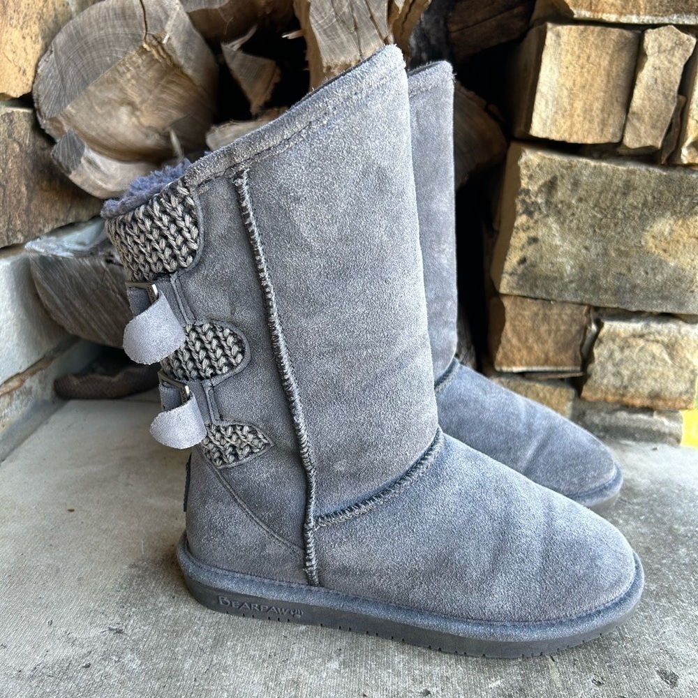 BearPaw winter Clara leather knit pull on buckle strap‎ Grey Fog boots Sz-7.  J
